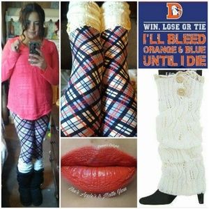 One Size Adult Coral & Blue Plaid Leggings